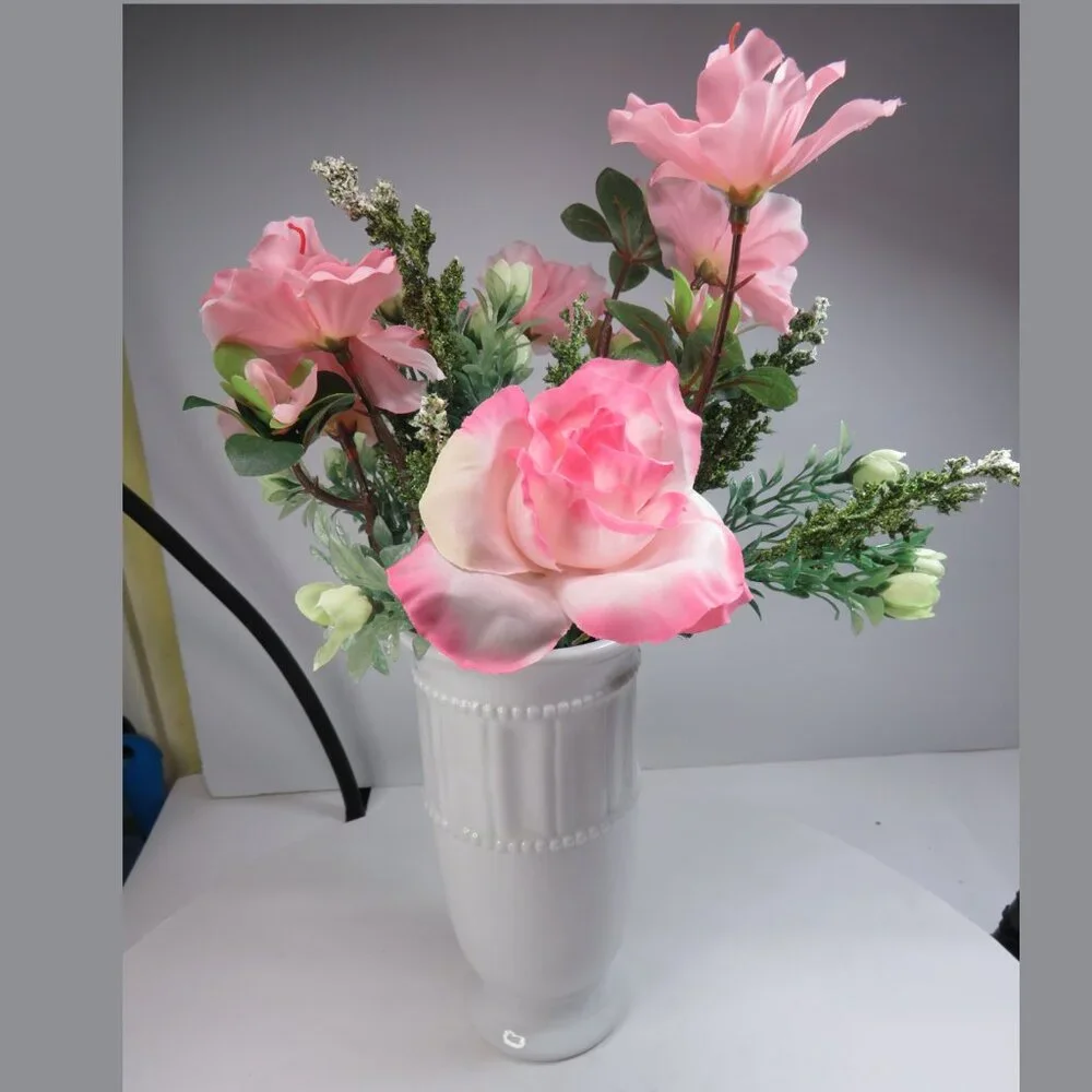 White Ceramic Vase with Pink Silk Faux Flowers Vase BEADED & RIBBED, Faired Base